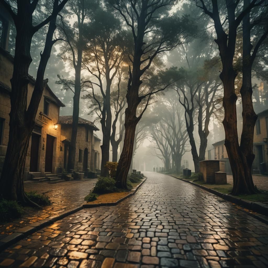 Misty Cypress Alley with Stained Glass
