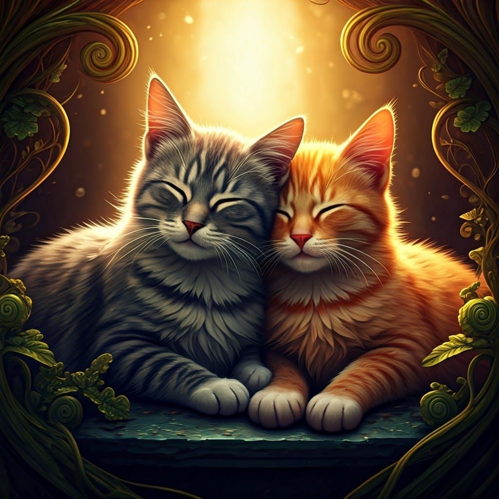 Whimsical Feline Duo in Lush Fantasy Landscape