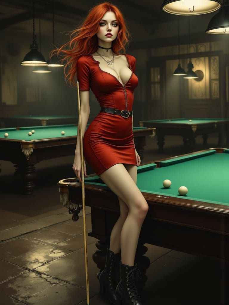 Woman in Red Dress with Pool Cue in Moody Hall