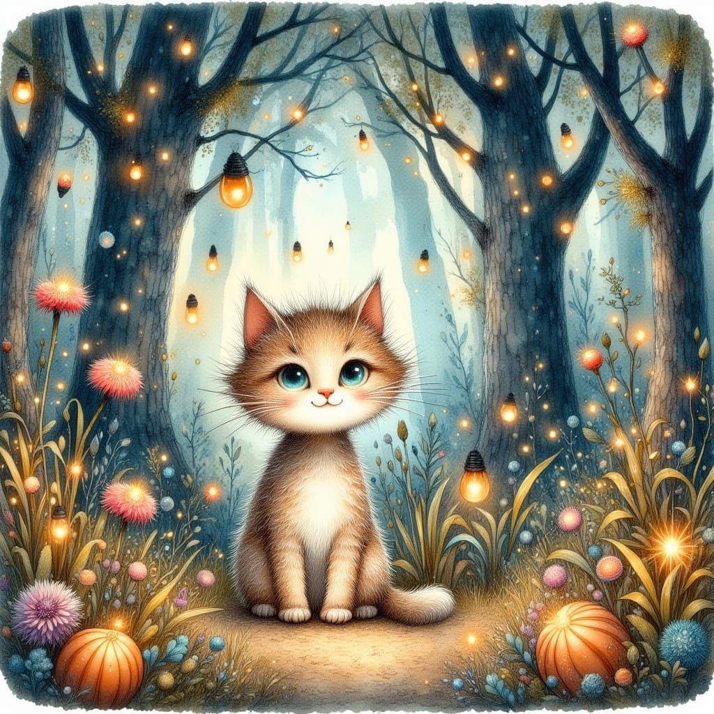 cat in a forest of fireflies