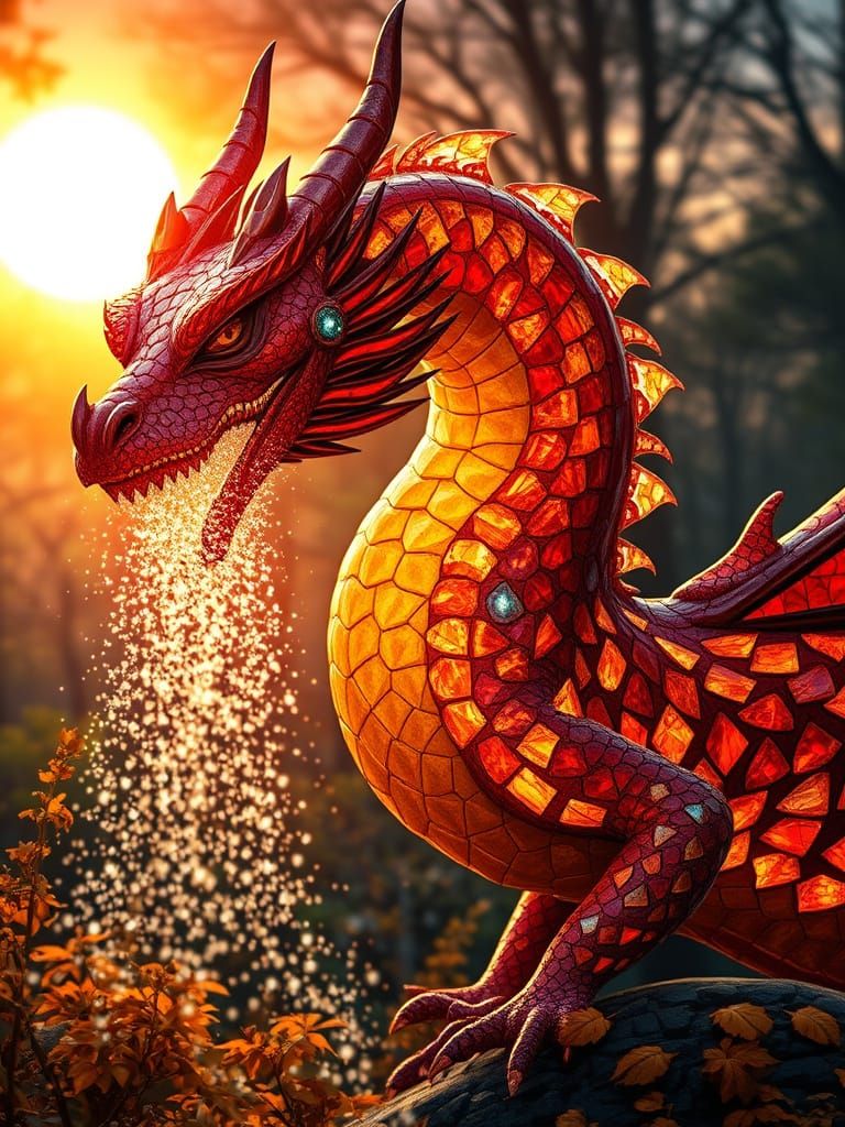 Majestic Mosaic Dragon in Golden Hues at Dusk