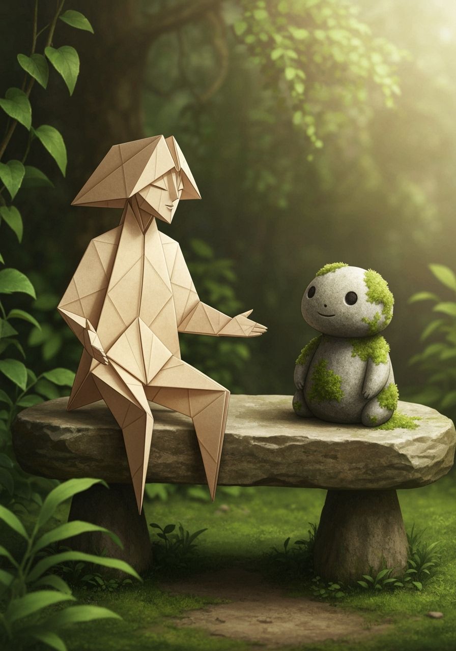 Origami Person & Stone Creature Chatting on Bench