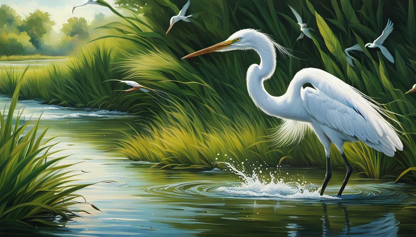 Egret Fishing in Summer Marsh: Hyperrealistic Splash Art