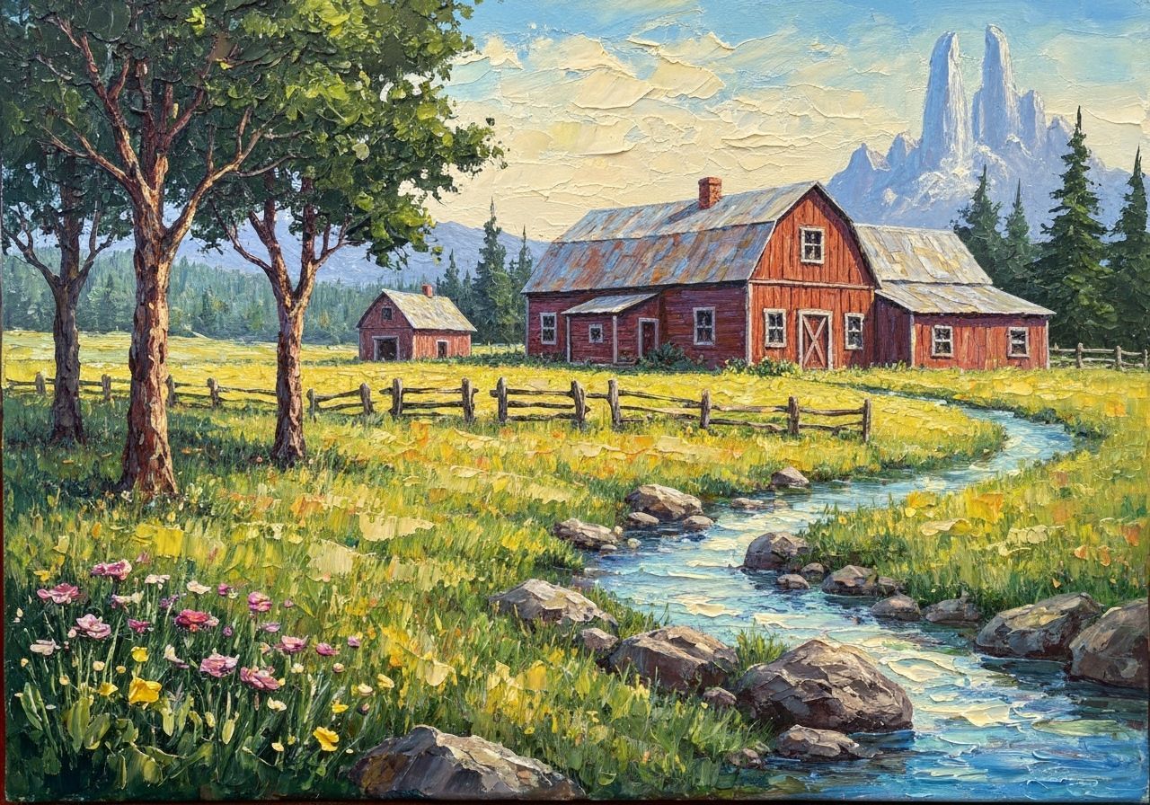 Encaustic Impasto Farmhouse Evening Landscape