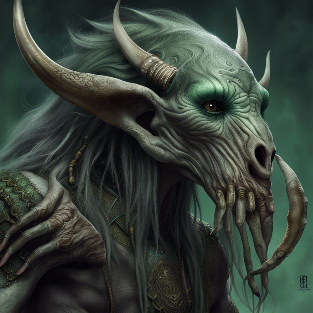 Detailed Grey-Green Humanoid Creature Concept Art