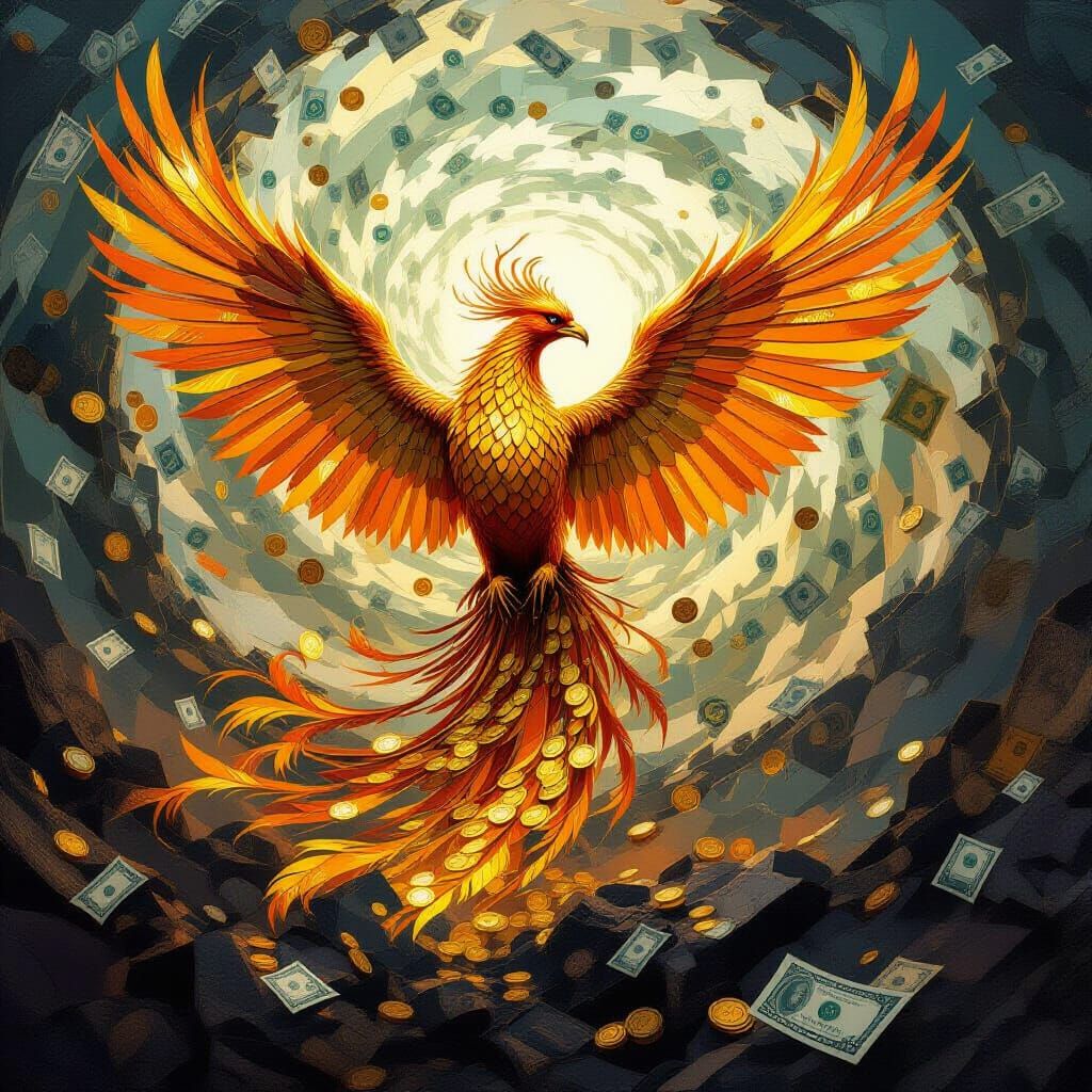 Phoenix of Gold Coins Rising from Currency Ashes