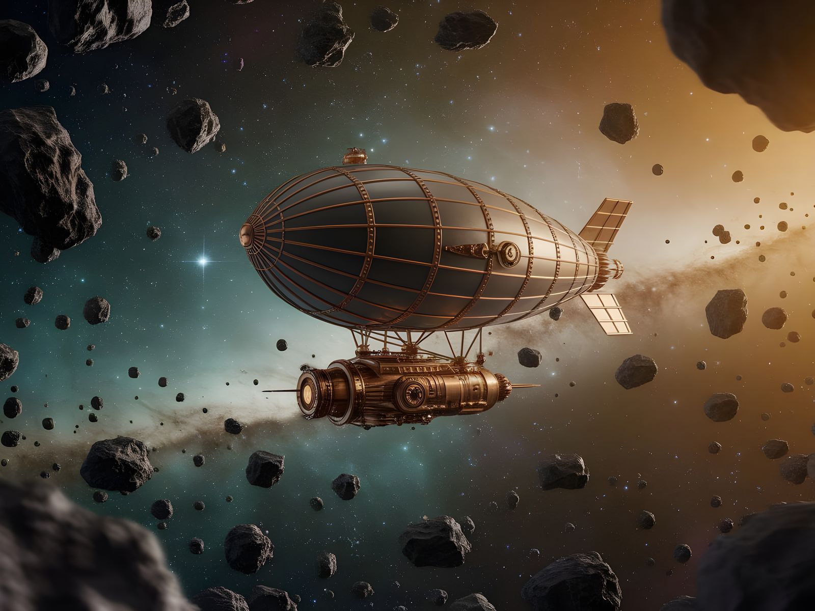Steampunk Spaceship Navigates Asteroid Field