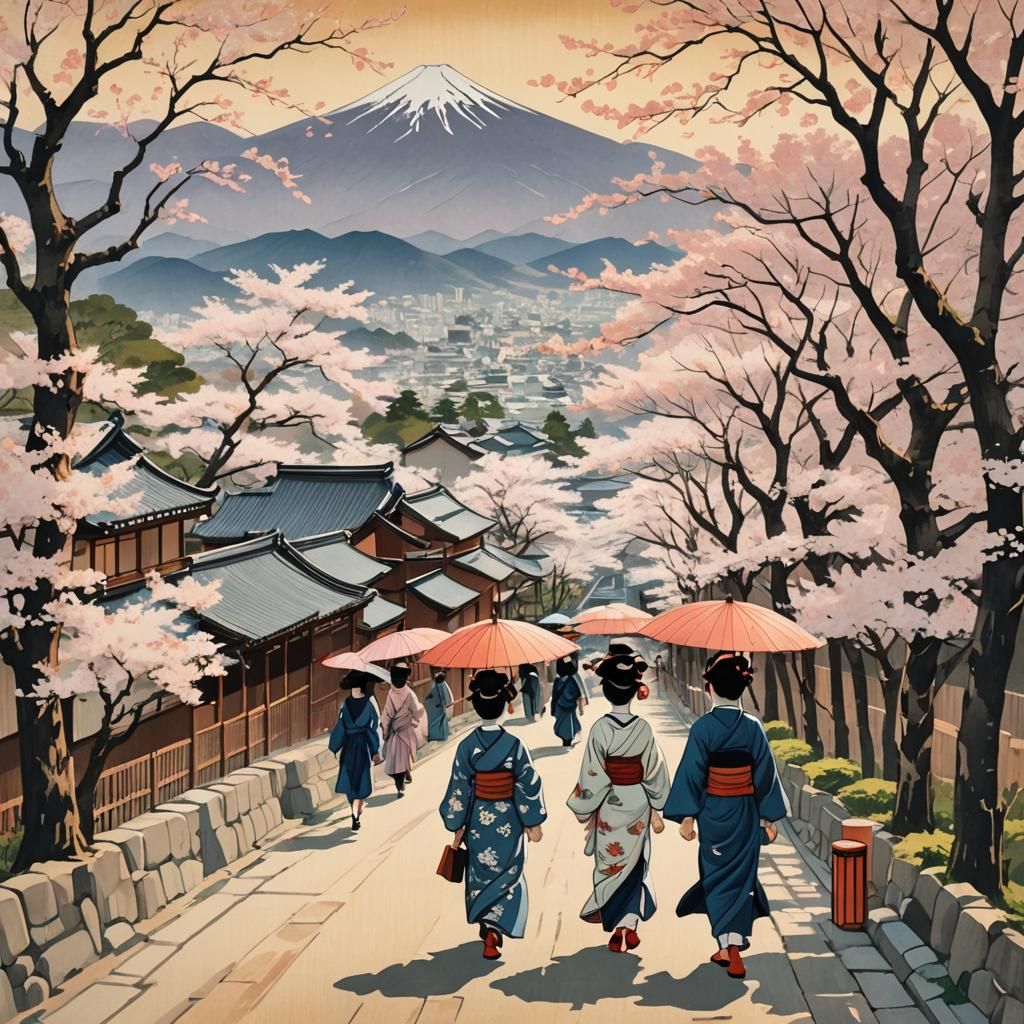 Geishas Strolling Under Cherry Blossoms in Ukiyo-e Style