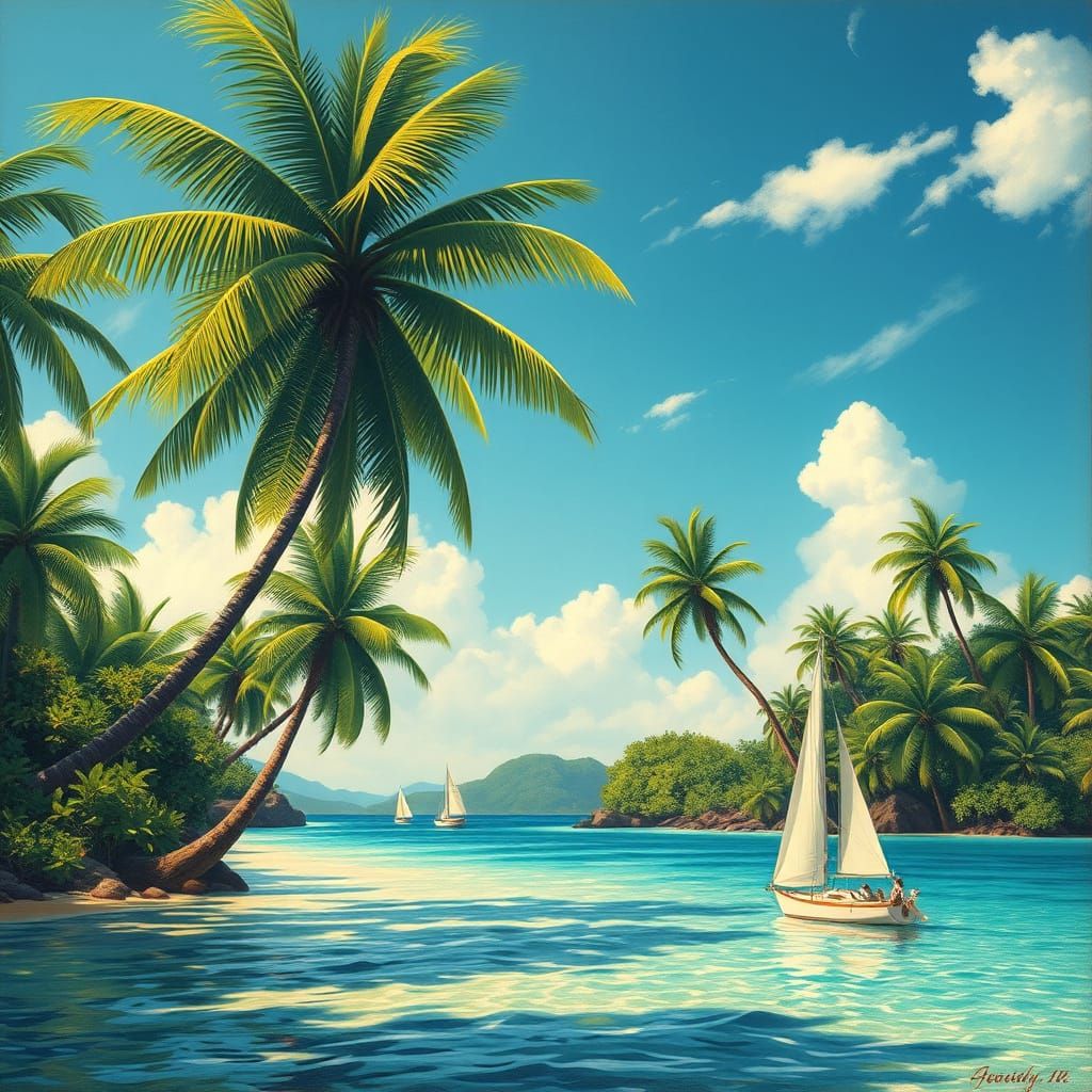 Tropical Island Paradise in Post-Impressionist Style