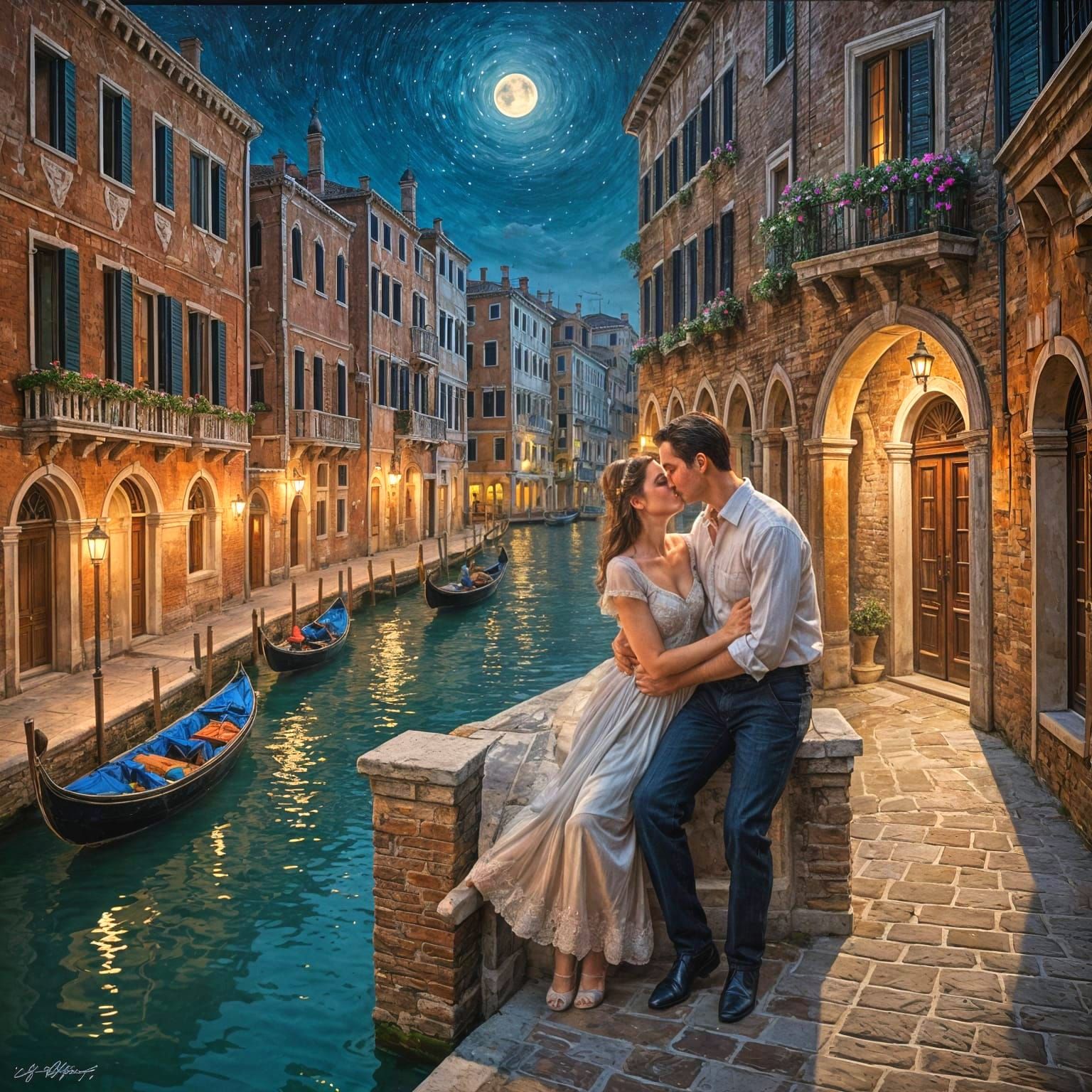 Romantic Venetian Embrace in Classic Oil Painting Style