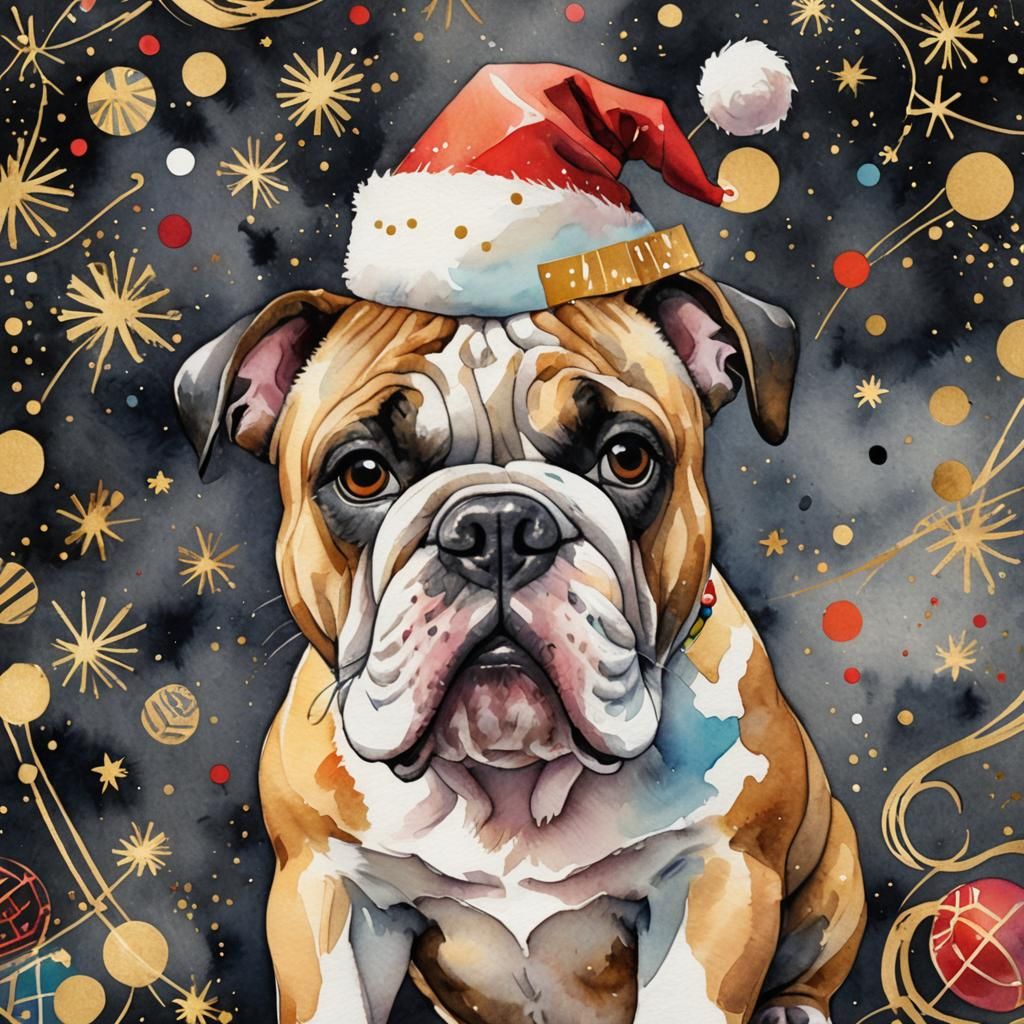 Festive Bulldog Portrait in Watercolor with Santa Hat