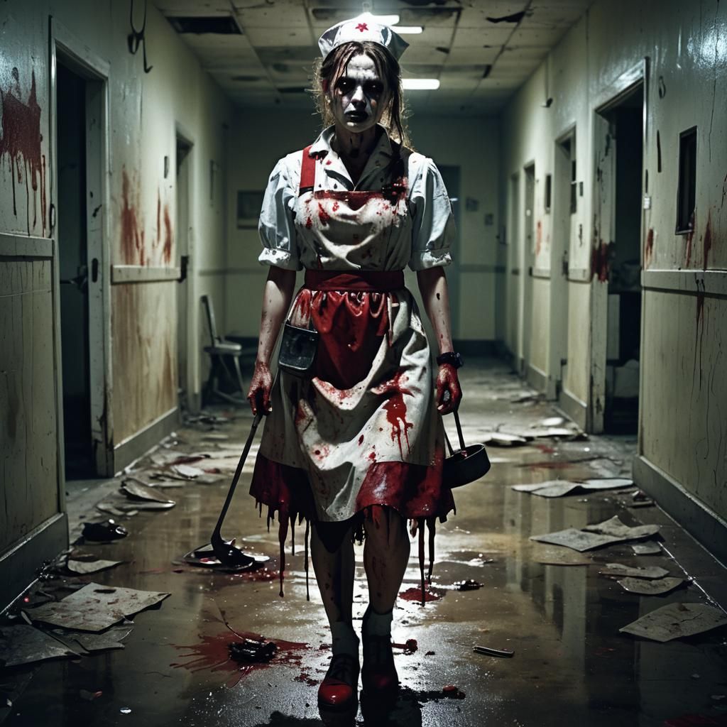 Sinister Horror Nurse in Abandoned Hospital Corridor