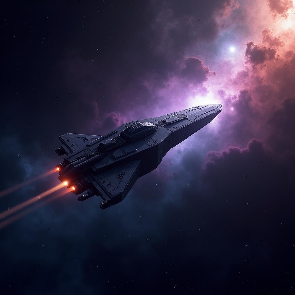 Spaceship Soaring Through Nebula in Digital Art Style