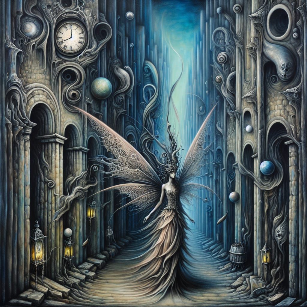 Gothic Fairy in Surrealist Time Warp Alleyway