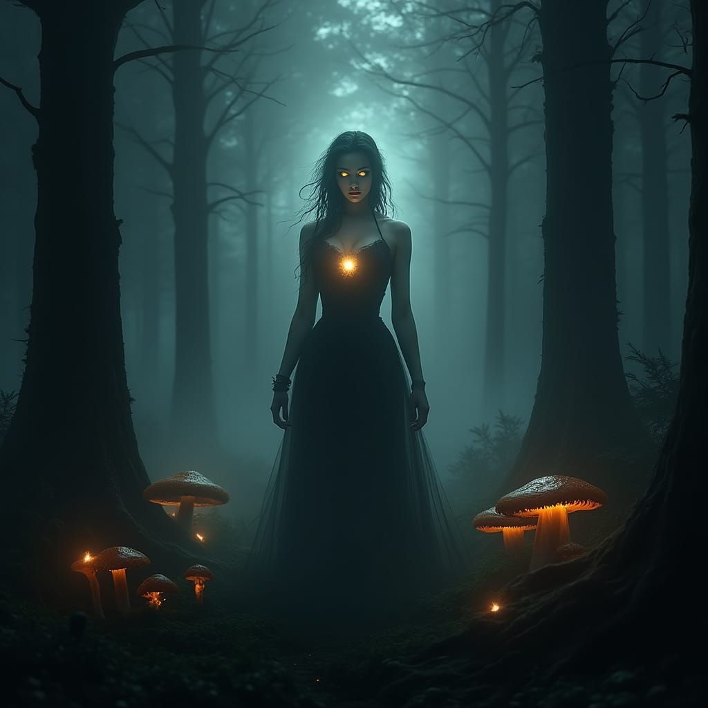 Mysterious Woman in Dark Forest, Dark Fantasy Art