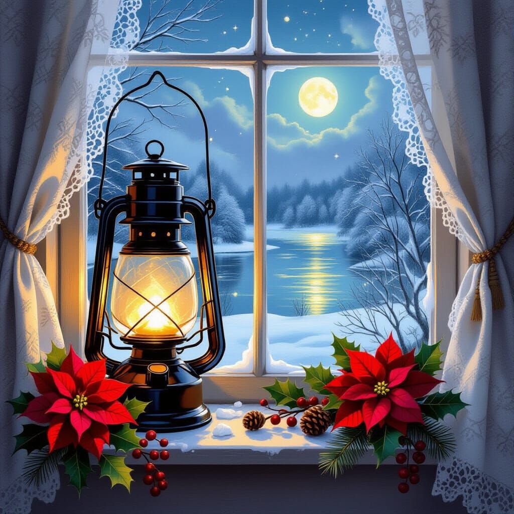 Vintage Lantern on Snowy Windowsill Oil Painting