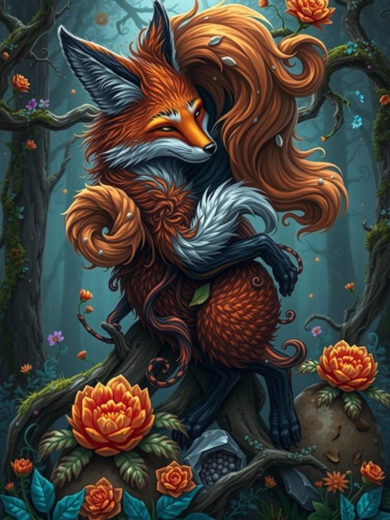 Enchanted Forest Fox in Vibrant, Triadic Colors