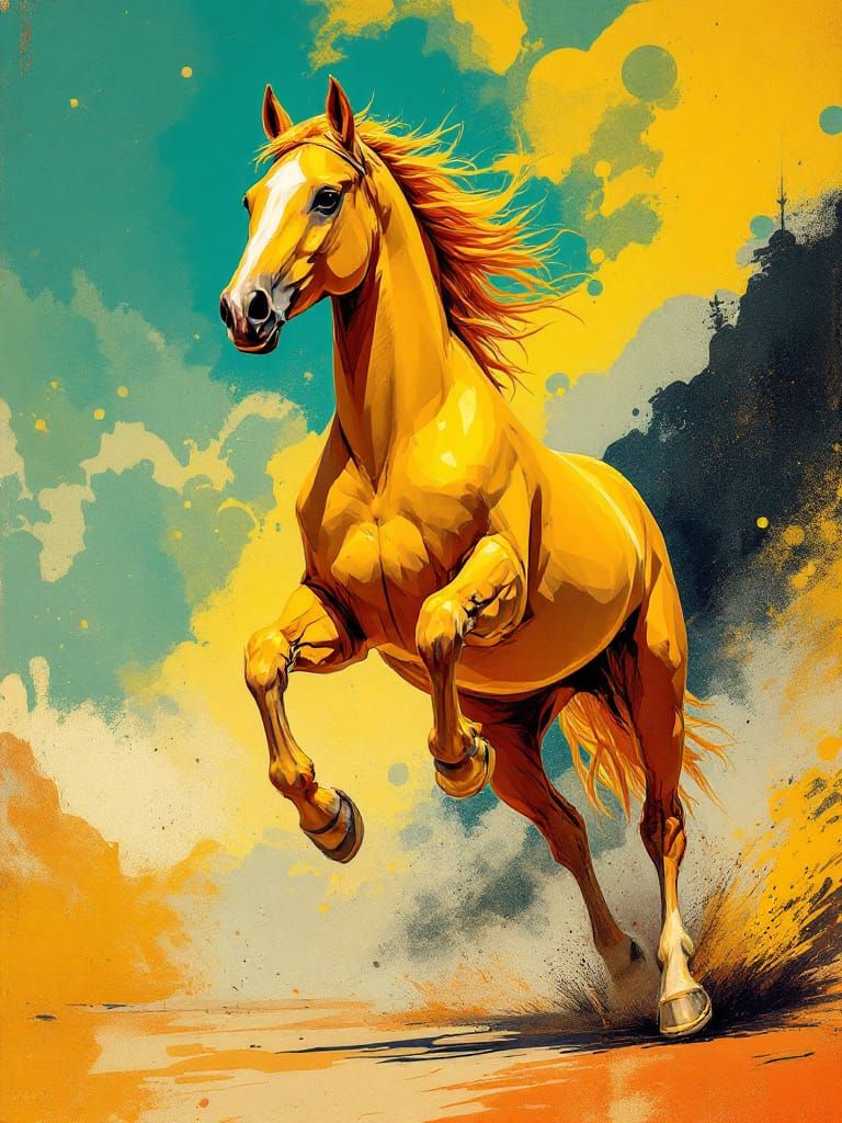 Golden Horse Leaping Through Teal and Amber Clouds
