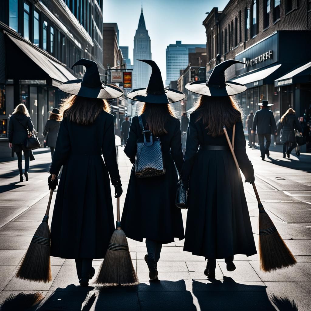 Witches Shopping for Brooms Downtown in Sunlight