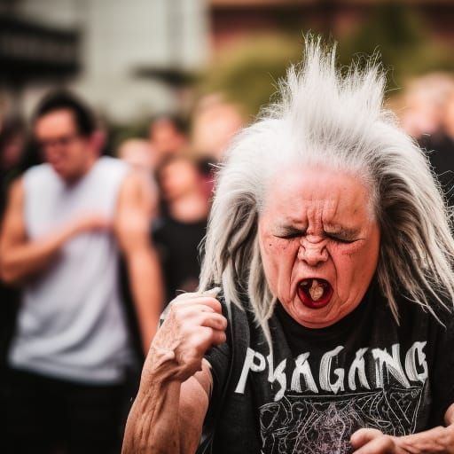 Grandma headbanging at the punk show