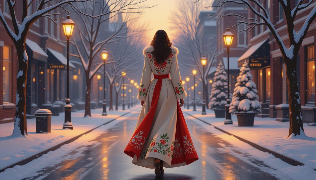 Elegant Woman in Vibrant Winter Cityscape Oil Painting