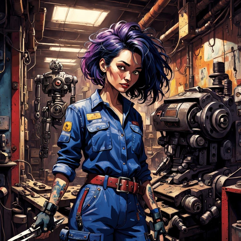 Vibrant Latina Mechanic Leans Against Towering Robot Compani...