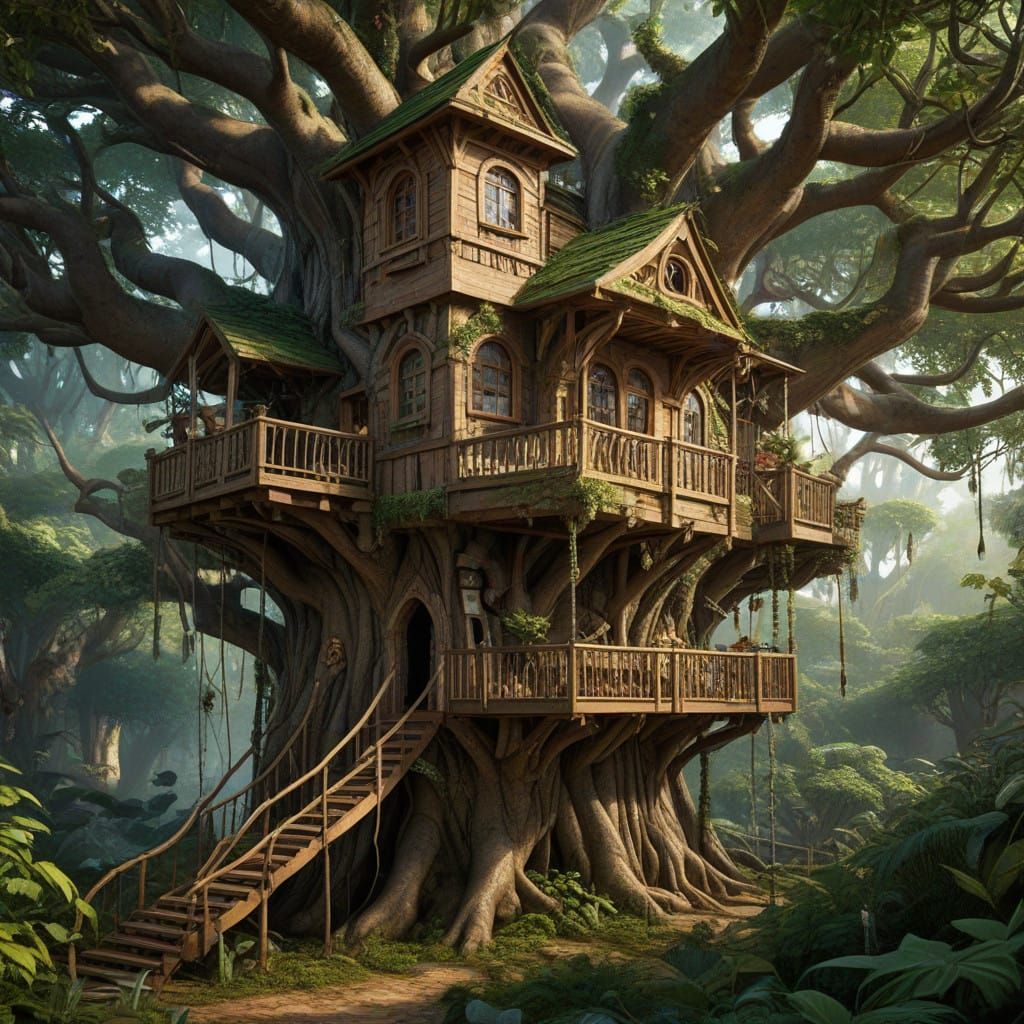Ethereal Treehouse Realm in Hyperrealism Style