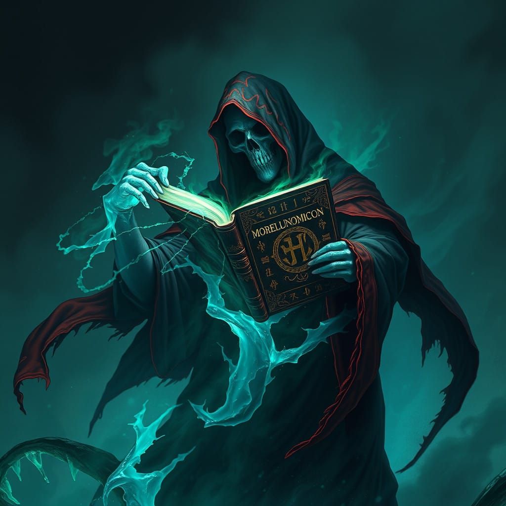 Mystic Necromancer Holds Forbidden Tome Morellonomicon in Da...