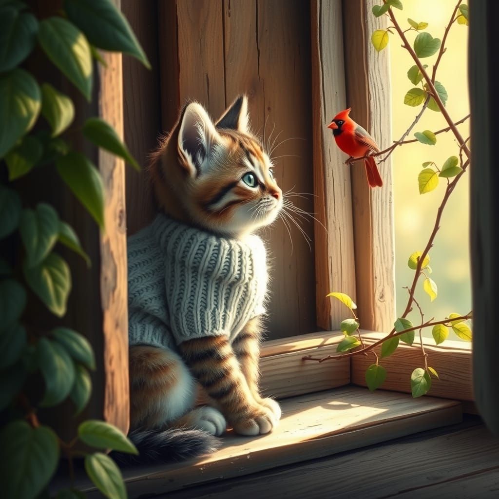 Kitten and Cardinal in Woodland Scene