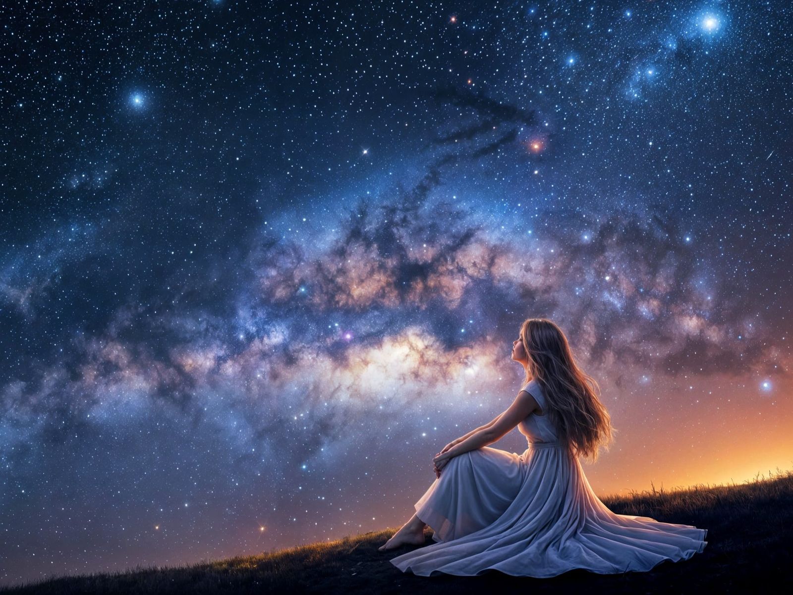 Ethereal Woman Gazing at Milky Way Galaxy
