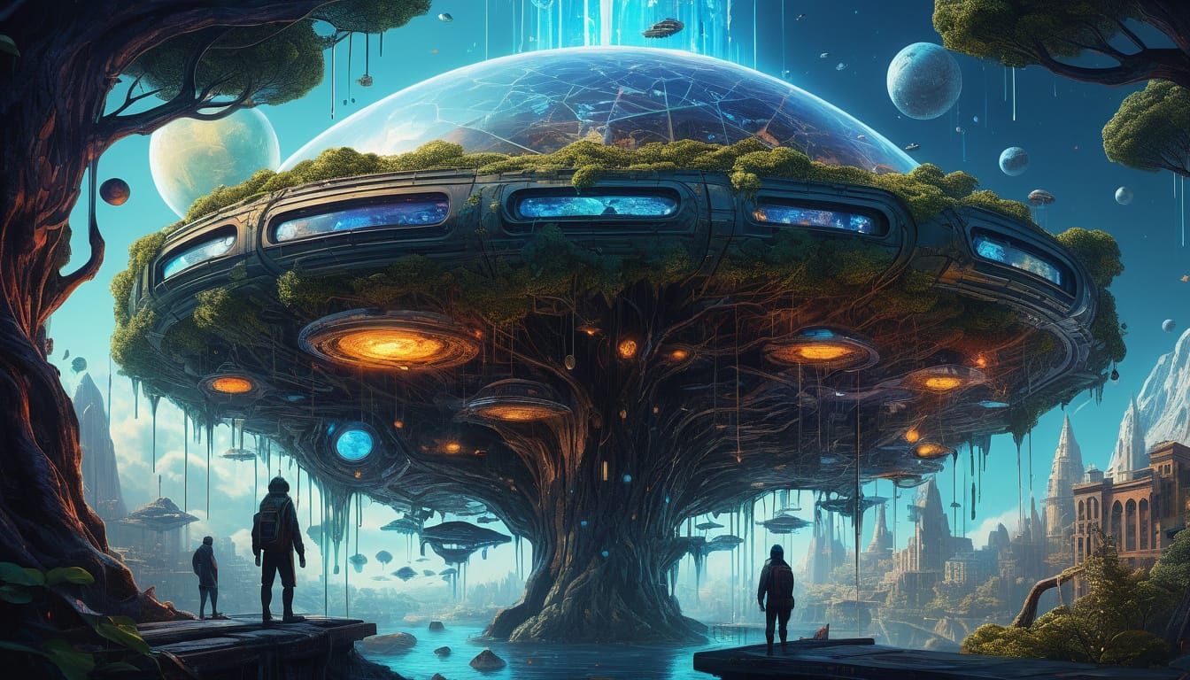 Vibrant Futuristic City Within a Hollowed-Out Tree