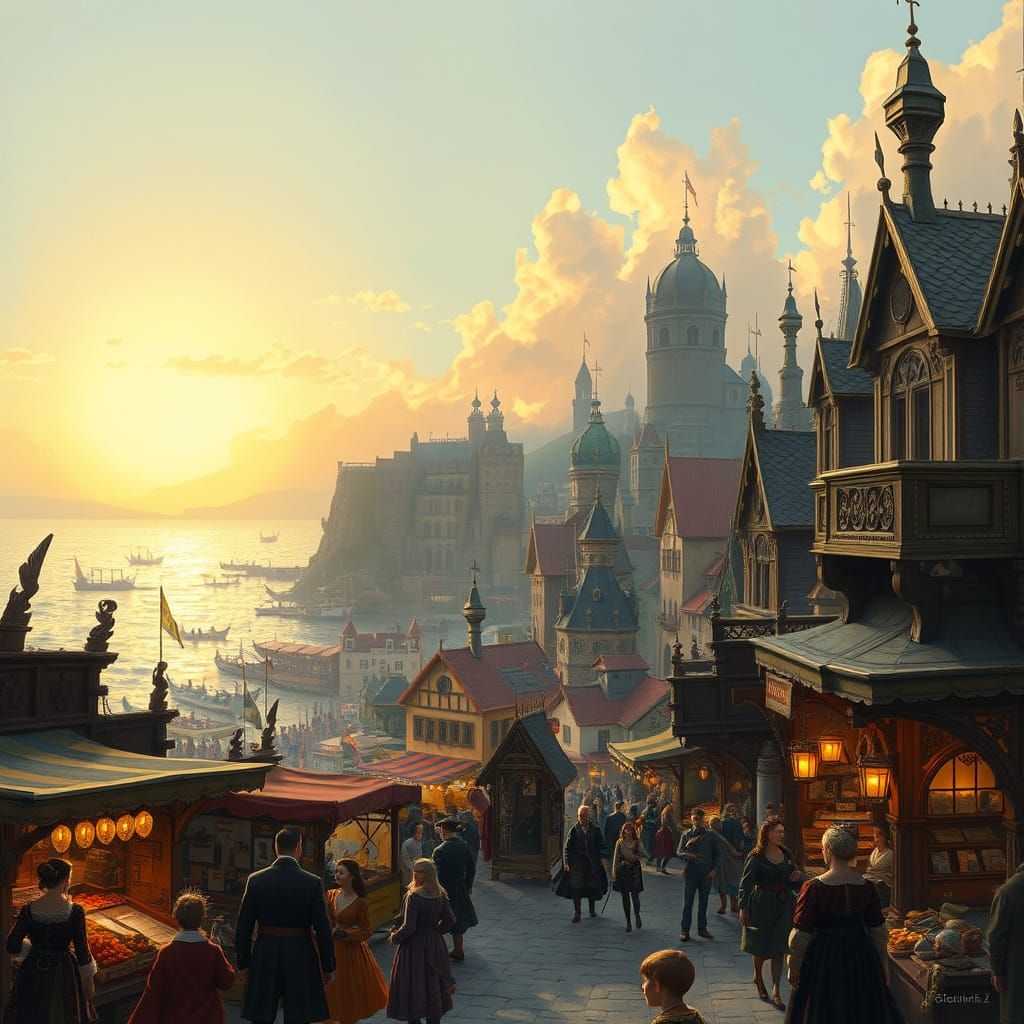 Coastal City Sunset in Renaissance Style