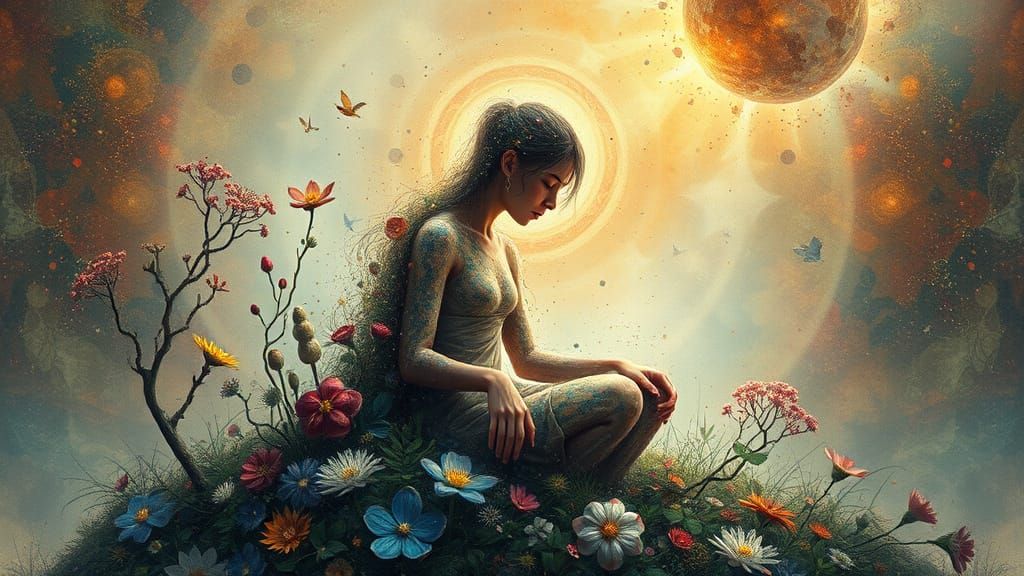 Ethereal Figure Emerges from Cosmic Tapestry