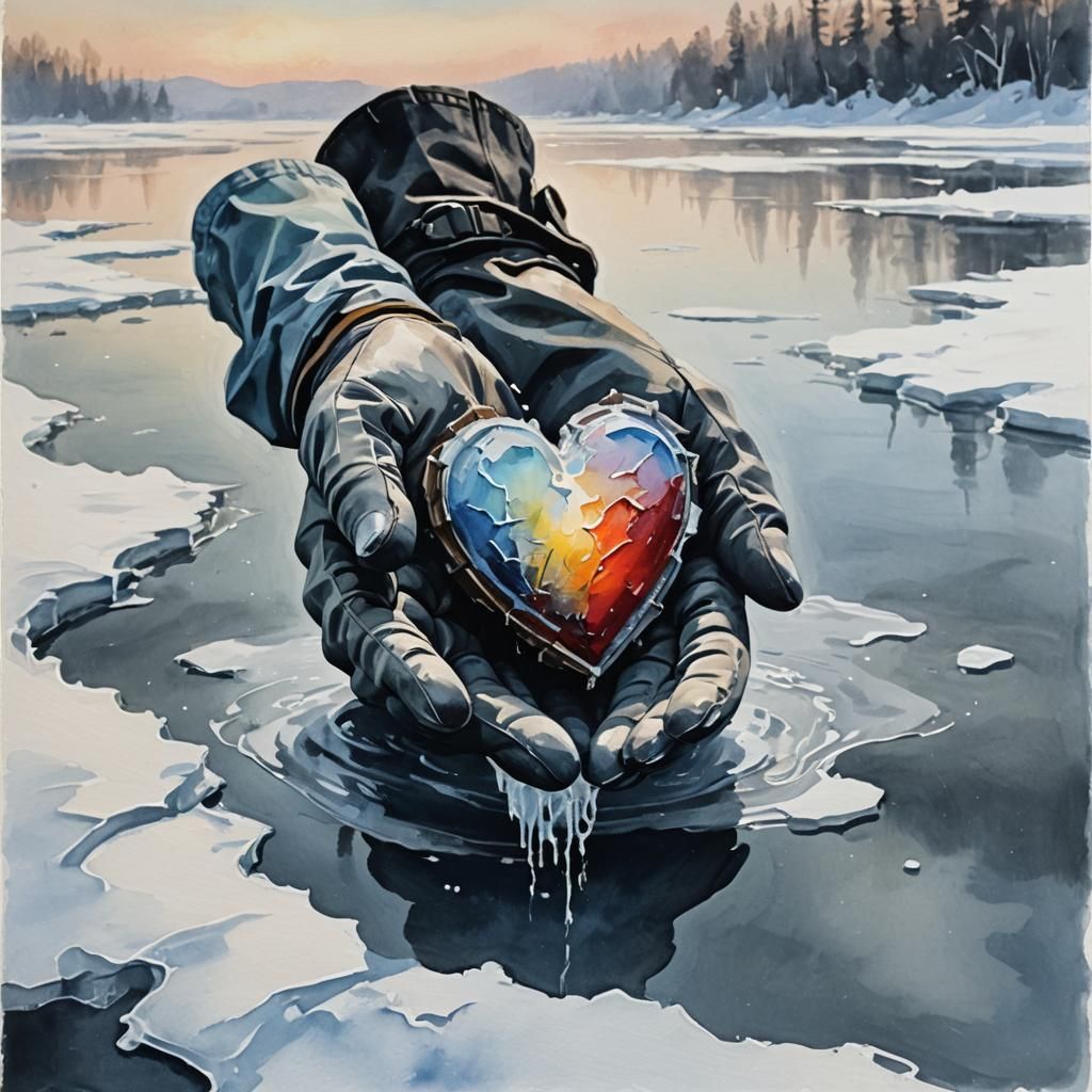 Living Heart on Frozen Lake: Gouache Impressionist Style