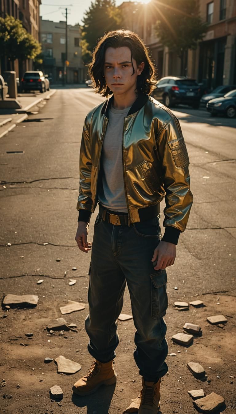 Android 17 Film Still in Film Noir Style