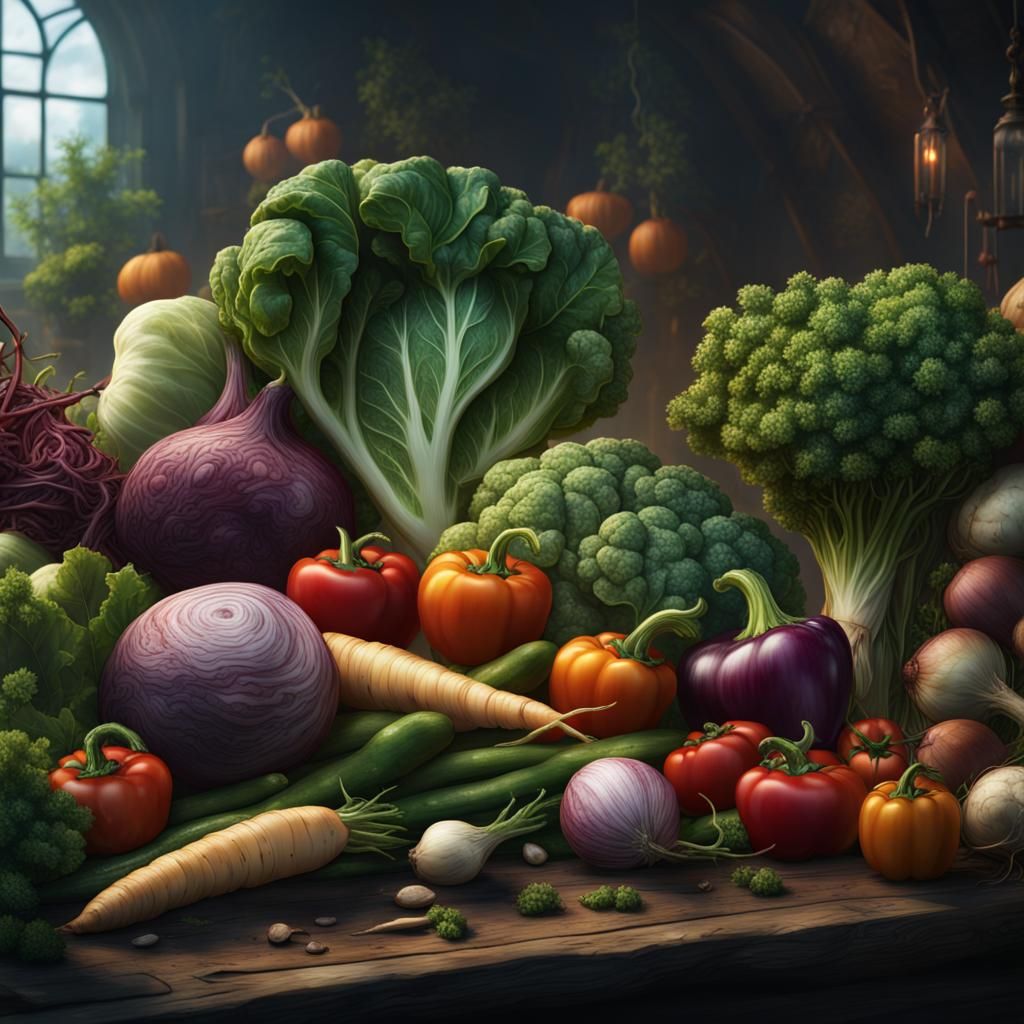 Detailed Matte Painting of Vegetables in Deep Color