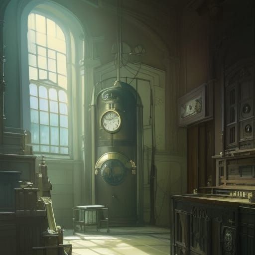 Hall with Door and Clock: Anime-Inspired Concept Art