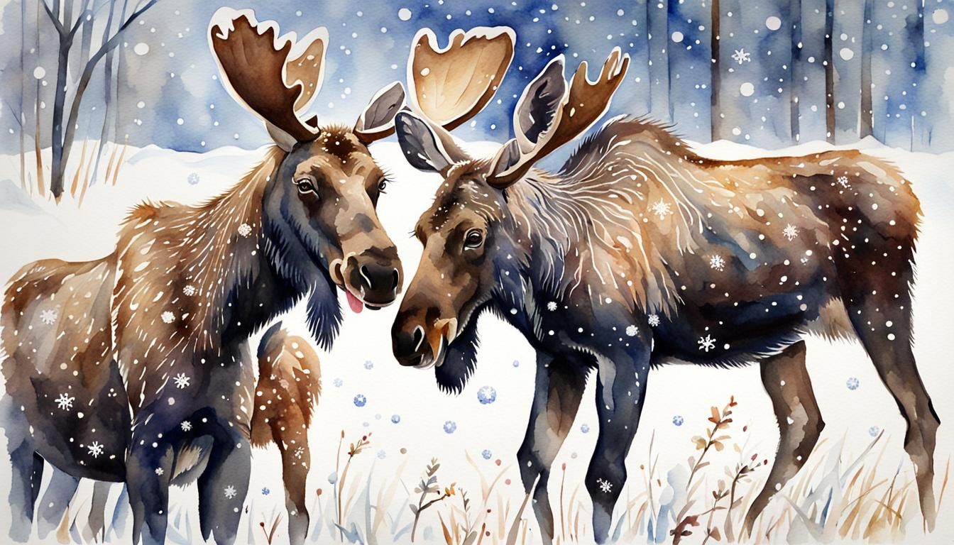 watercolor painting A young moose calf sticking its tongue o...