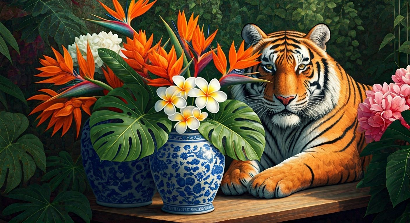 Quilted Tiger Amongst Flowers in Vase