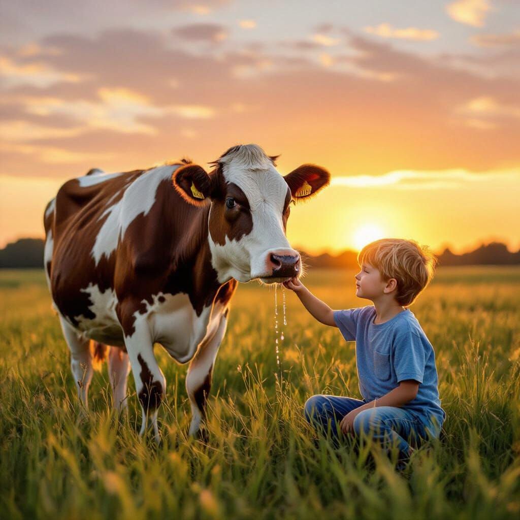 Sad Cow and Boy in Sunset Field