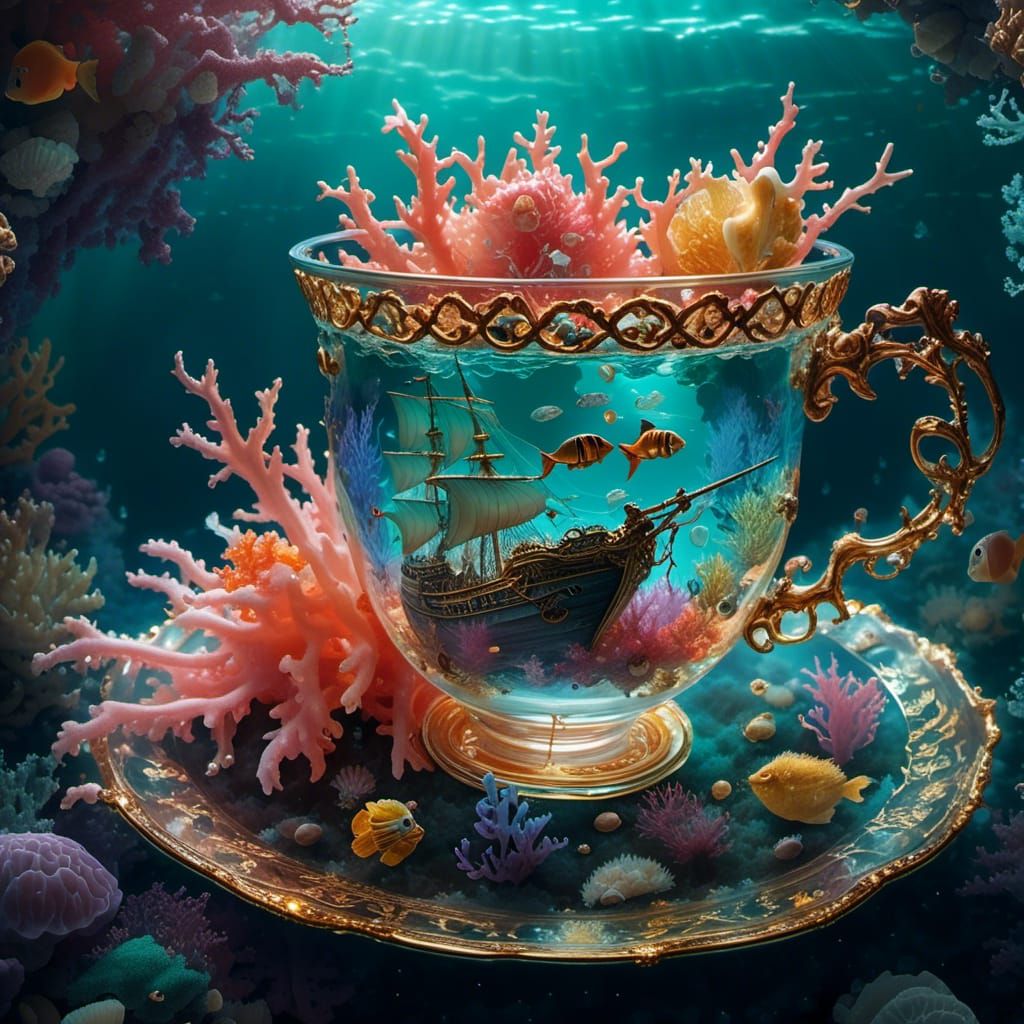 Underwater World Inside Ornate Teacup, Hyperrealistic 8K