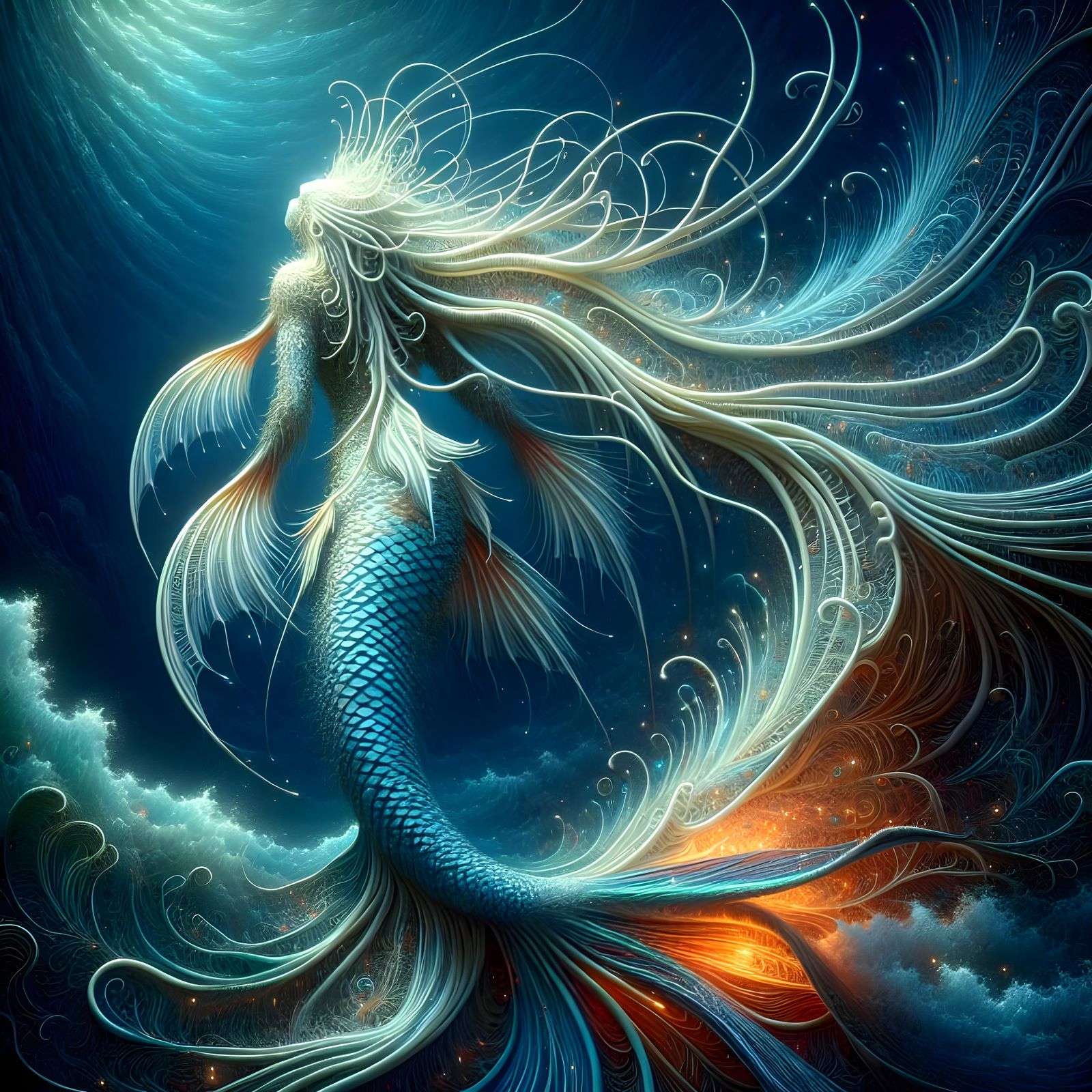 Mythical Mermaid with Luminous Braided Fin-Hair