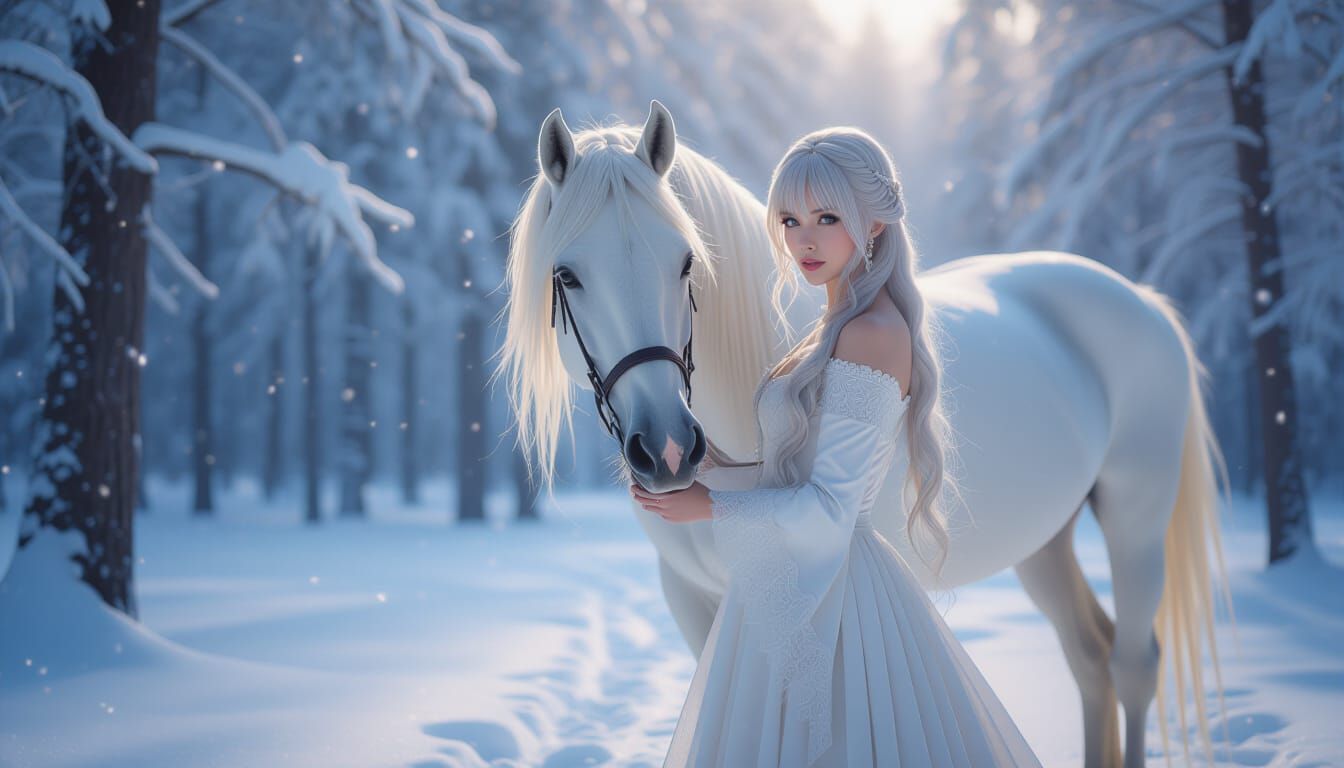Ethereal Woman & Horse in Snowy Forest