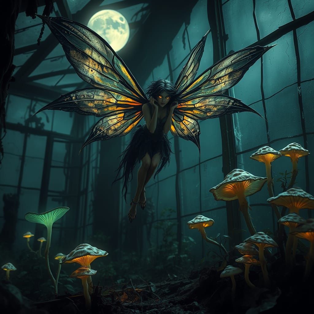 Gothic Fairy in Decaying Greenhouse, Dark Digital Painting