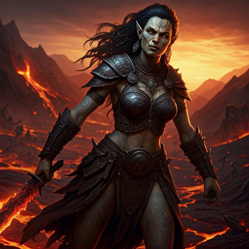 Orcish Warrior Leading Warband Through Volcanic Wasteland