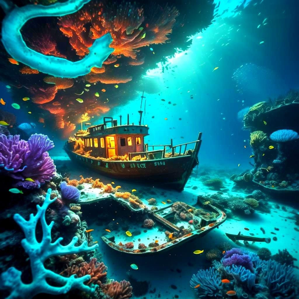 Phosphorescent Coral Reef with Sunken Boat