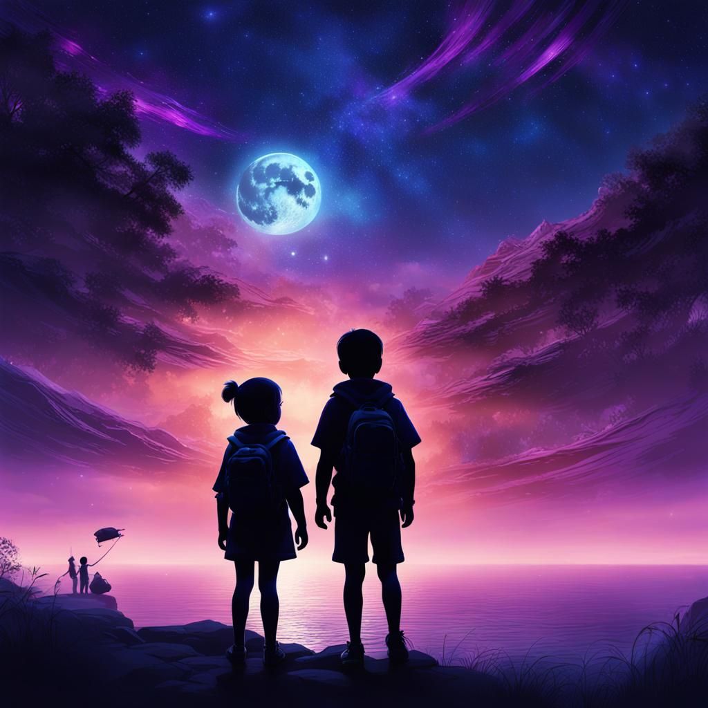 Children Gazing at a Colorful Night Sky