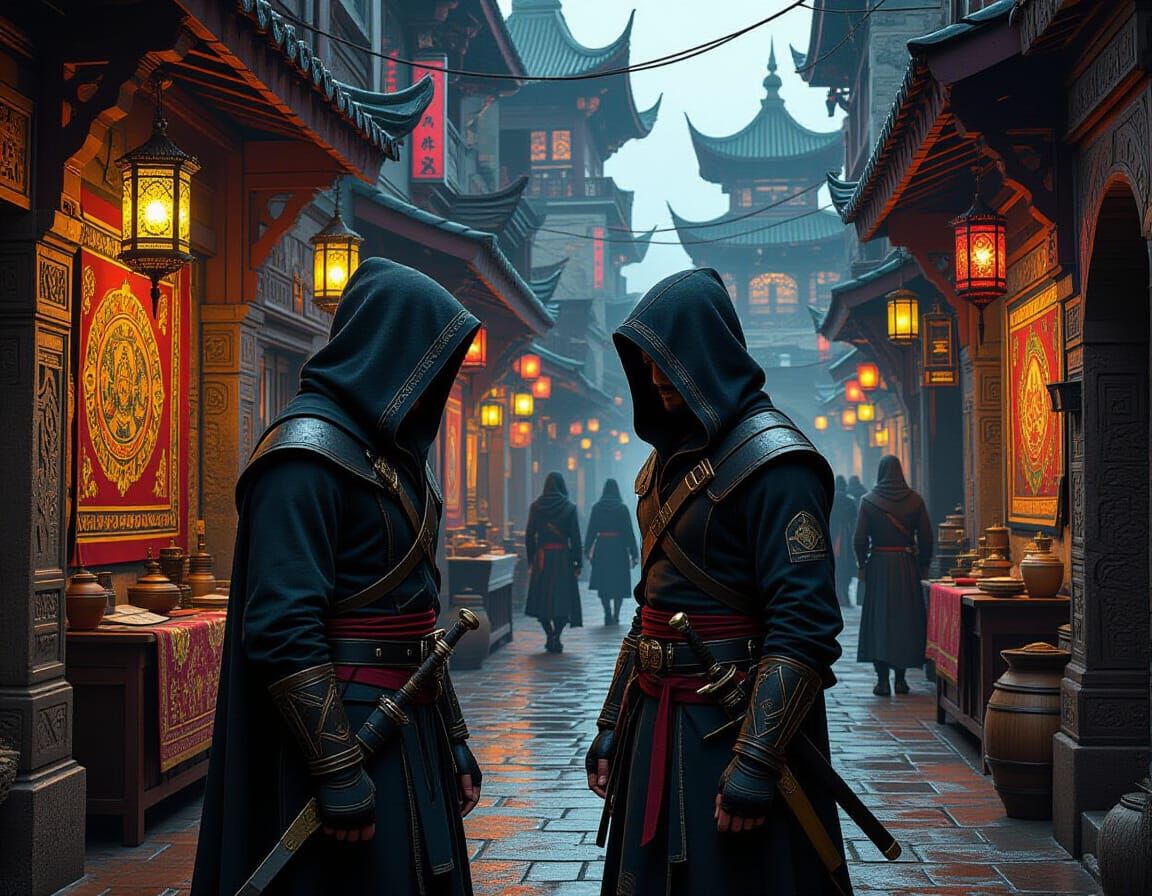 Hooded Figures in Fantasy Harbor Alleyway