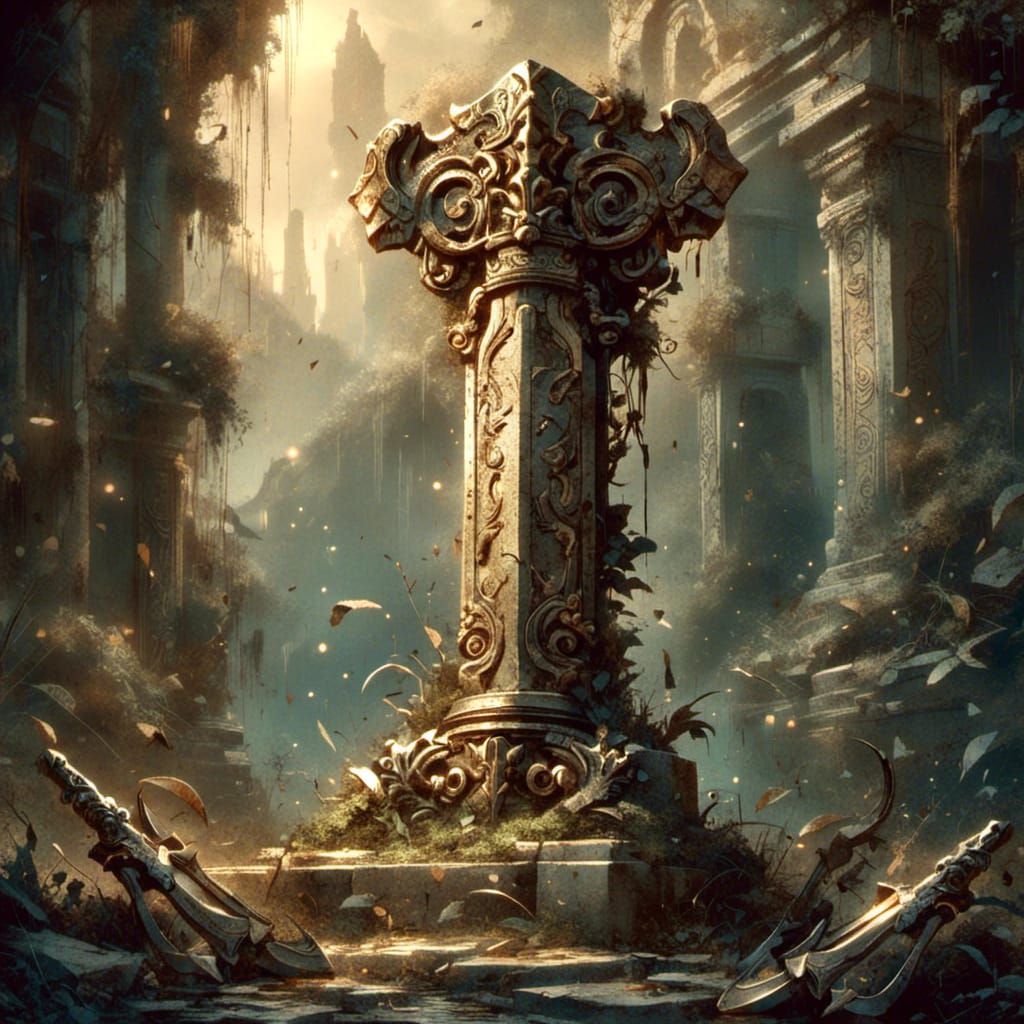 Greek Sword in Ruins with Anime and 3D Art Style