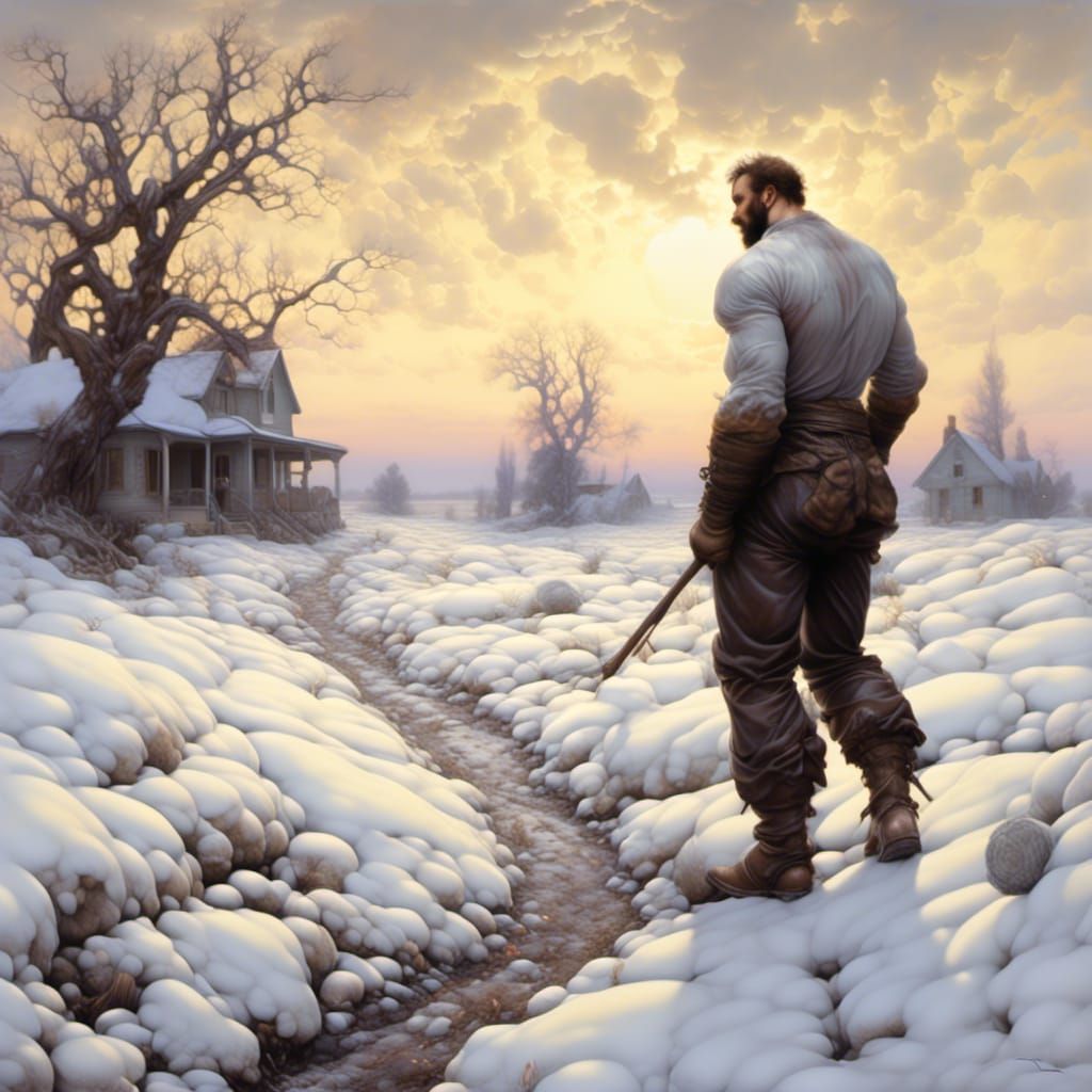 Man Walks to House in Barren Snowy Field